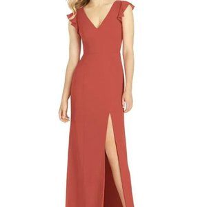 After Six Style 6810 Ruffled Sleeve Mermaid Dress w/ Front Slit Amber Sz 14 NWT